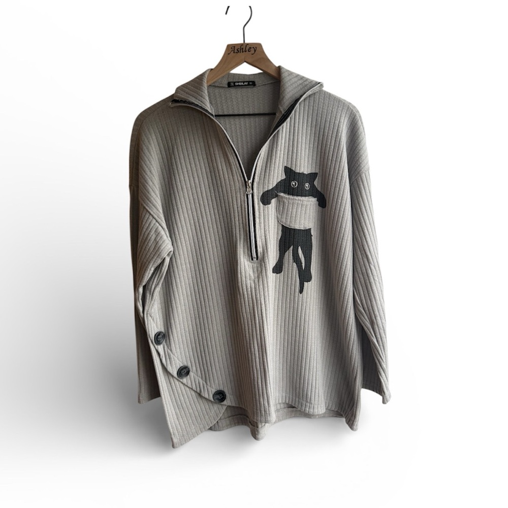 Women’s Gray Pull Over Black Cat Pocket Size Large